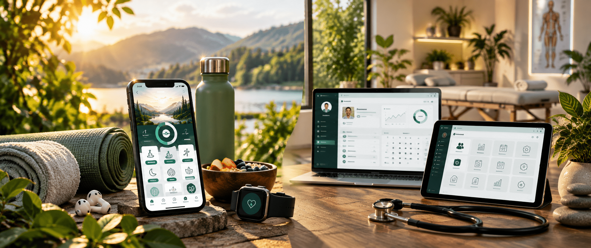 A wellness practice workspace, the member app on a phone, the provider dashboard on a laptop and tablet