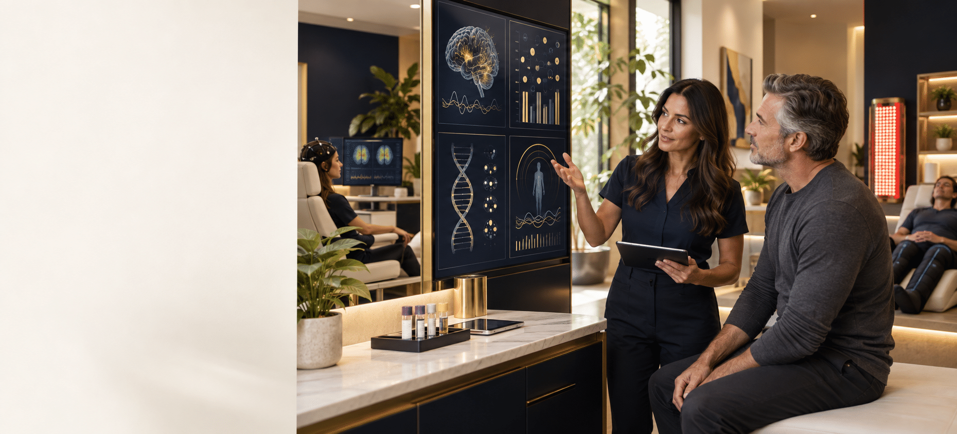 A provider walking a client through their diagnostic results on a wall display